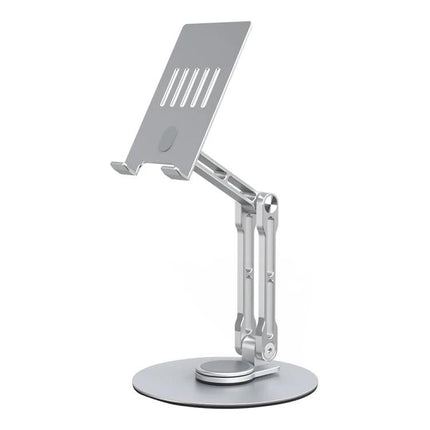 R-JUST Adjustable Mechanical Stand for Tablets and Phones on silver adjustable desktop stand holding a tablet at angled height for video calls and cooking