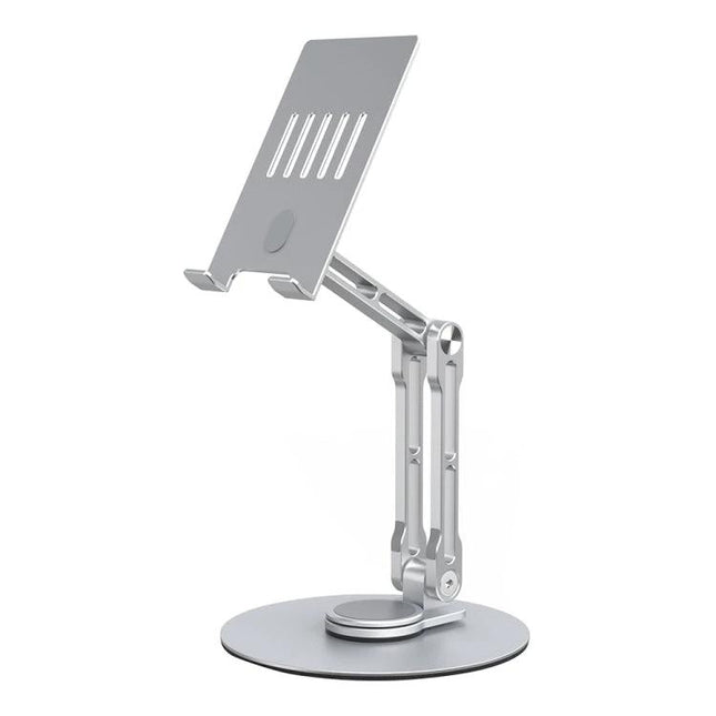 R-JUST Adjustable Mechanical Stand for Tablets and Phones on silver adjustable desktop stand holding a tablet at angled height for video calls and cooking
