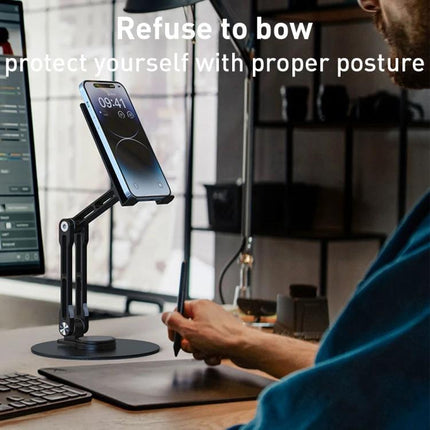 R-JUST Adjustable Mechanical Stand for Tablets and Phones holding a smartphone at desk for ergonomic posture during video calls and work