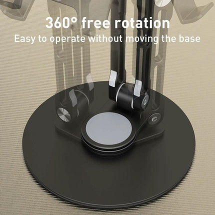 R-JUST Adjustable Mechanical Stand for Tablets and Phones showing 360° free rotation base for easy angle and height adjustment