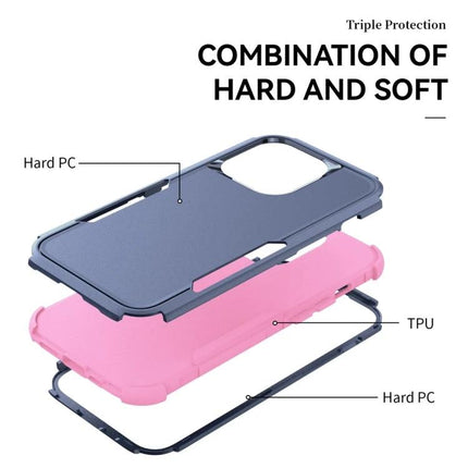 Sturdy Phone Case For Everyday Commutes showing triple protection layers: hard PC back, TPU inner frame, and hard PC outer shell in blue and pink