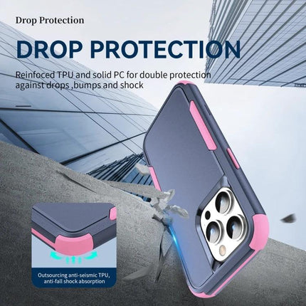 Sturdy Phone Case For Everyday Commutes slim TPU and PC drop protection case in navy with pink accents showing reinforced corners and camera cutout