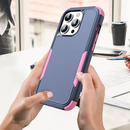 Sturdy Phone Case For Everyday Commutes slim TPU + PC protective case in blue with pink accents, shown in hands on a desk, pocket-friendly durable design