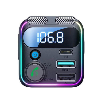 Dual Mic Car Wireless FM Transmitter For Hands Free Calls compact Bluetooth 5.3 FM transmitter with dual mics, LED display, USB ports and call button