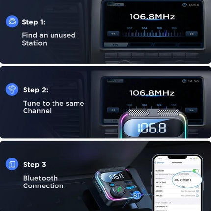 Dual Mic Car Wireless FM Transmitter For Hands Free Calls showing steps to find unused FM station, tune to 106.8MHz and connect via Bluetooth