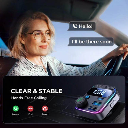 Dual Mic Car Wireless FM Transmitter For Hands Free Calls showing in-car use with clear & stable hands-free calling and FM display