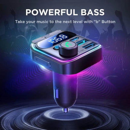 Dual Mic Car Wireless FM Transmitter For Hands Free Calls - compact Bluetooth 5.3 FM car adapter with dual mics, USB ports and powerful bass display