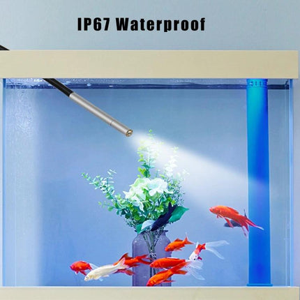Waterproof Handheld Endoscope for Industrial Inspections and Maintenance showing IP67 waterproof probe inspecting a fish tank with illuminated tip