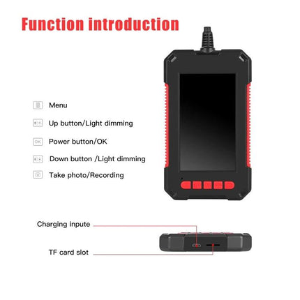 Waterproof Handheld Endoscope for Industrial Inspections and Maintenance showing device buttons, screen, TF card slot and charging input