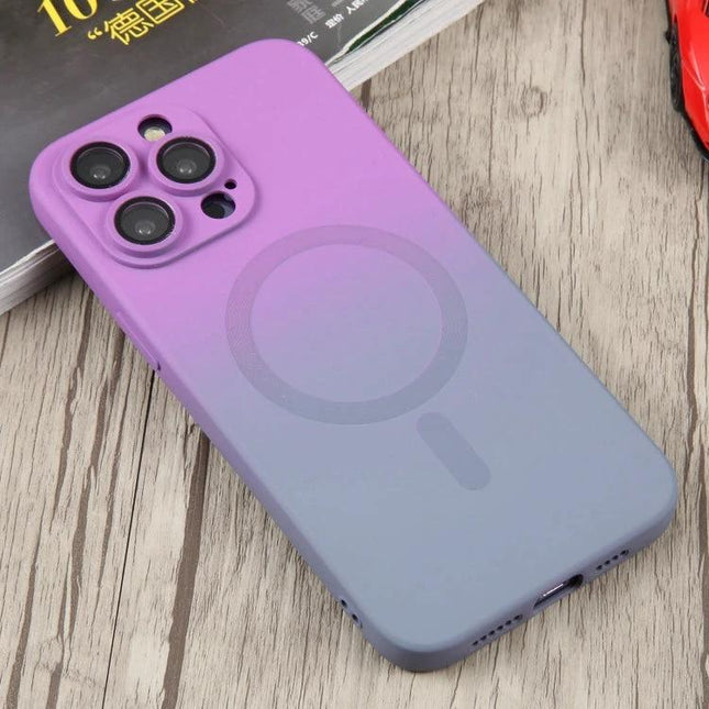 Gradient iPhone Case For Everyday Protection And Easy Access On The Go Or At Work - purple to blue gradient case with camera lens film and wireless charging ring