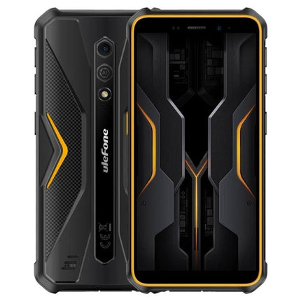 Ulefone Rugged Smartphone for Everyday Outdoor Activities showing front and back rugged black-and-yellow design