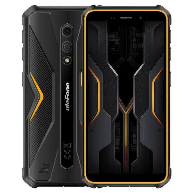 Ulefone Rugged Smartphone for Everyday Outdoor Activities showing front and back rugged black-and-yellow design