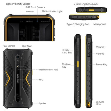 Ulefone Rugged Smartphone for Everyday Outdoor Activities - rugged black and yellow phone with labeled ports, cameras, buttons and slots