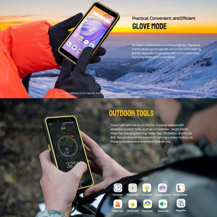 Ulefone Rugged Smartphone for Everyday Outdoor Activities - gloved hand using phone in snowy mountain and outdoor tools display