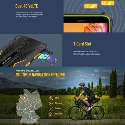 Ulefone Rugged Smartphone for Everyday Outdoor Activities showing 3-card slot, dual 4G VoLTE, and multiple navigation options for cyclists