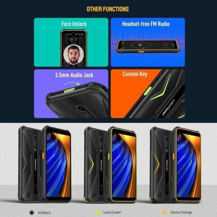 Ulefone Rugged Smartphone for Everyday Outdoor Activities showing face unlock, FM radio, audio jack, custom key, and three color variants
