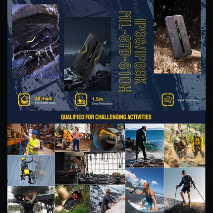 Ulefone Rugged Smartphone for Everyday Outdoor Activities showing waterproof, dustproof, drop-resistant phone in rugged work and adventure scenes