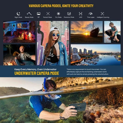 Ulefone Rugged Smartphone for Everyday Outdoor Activities showing underwater camera mode and outdoor photography scenes