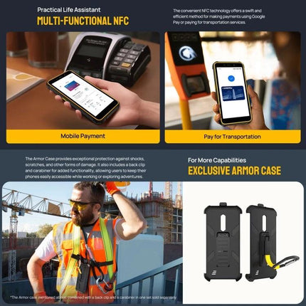 Ulefone Rugged Smartphone for Everyday Outdoor Activities showing NFC mobile payment, transport use, and rugged armor case