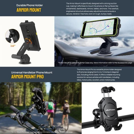 Ulefone Rugged Smartphone for Everyday Outdoor Activities mounted in car and bike phone holders showing navigation and handlebar use