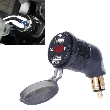 Motorcycle USB Charger With Voltmeter For Onboard Power Monitoring plugged into bike socket showing dual USB ports and 12.8V digital readout