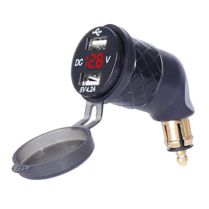 Motorcycle USB Charger With Voltmeter For Onboard Power Monitoring showing dual USB ports and digital 12.8V display