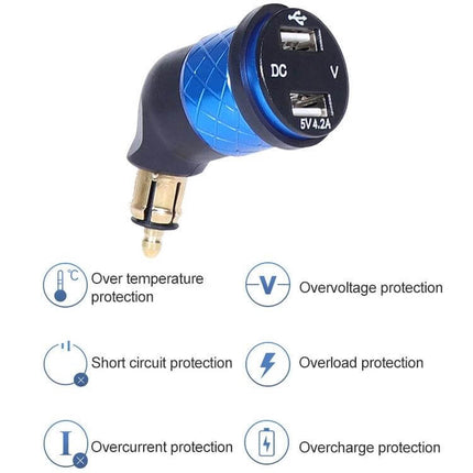Motorcycle USB Charger With Voltmeter For Onboard Power Monitoring showing dual USB ports, voltmeter display and protection icons