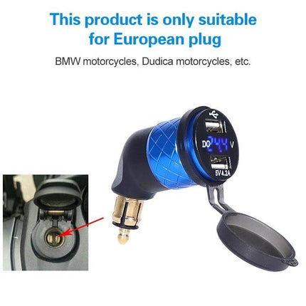 Motorcycle USB Charger With Voltmeter For Onboard Power Monitoring - European plug dual USB 5V 4.2A, real-time voltage display, powers phone GPS camera
