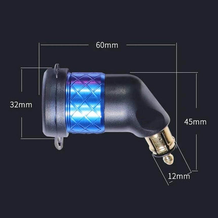 Motorcycle USB Charger With Voltmeter For Onboard Power Monitoring - compact angled 12mm plug with blue knurled sleeve and dimensions 60x45x32mm