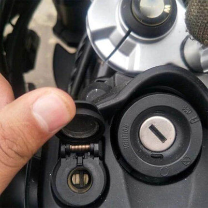 Motorcycle USB Charger With Voltmeter For Onboard Power Monitoring mounted near ignition showing USB socket and voltmeter for bike battery health