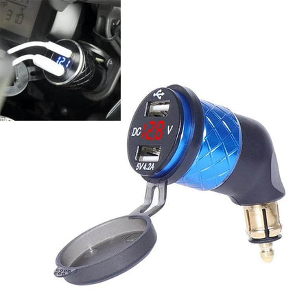 Motorcycle USB Charger With Voltmeter For Onboard Power Monitoring plugged into bike socket showing dual USB ports and digital voltage readout