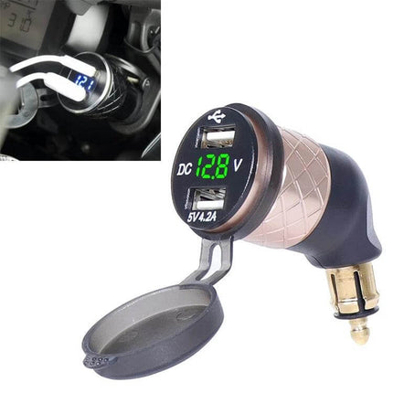 Motorcycle USB Charger With Voltmeter For Onboard Power Monitoring - dual USB bike charger with digital voltmeter showing 12.8V, 5V 4.2A