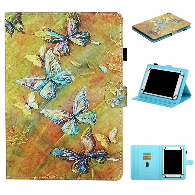 Leather Protective Case with Holder for Universal Tablets showing colorful butterfly design, foldable stand and secure magnetic clasp