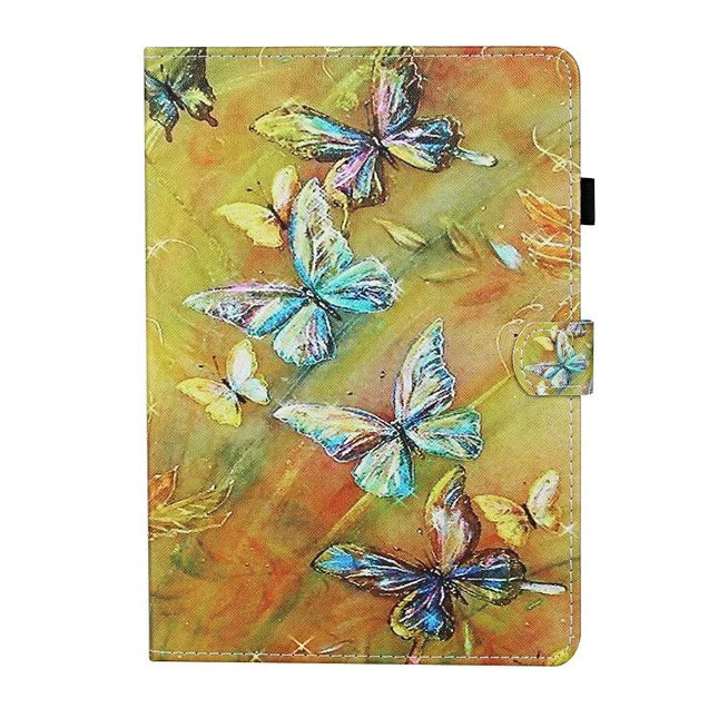 Leather Protective Case with Holder for Universal Tablets featuring colorful butterfly print on yellow-green background, folio stand and magnetic clasp
