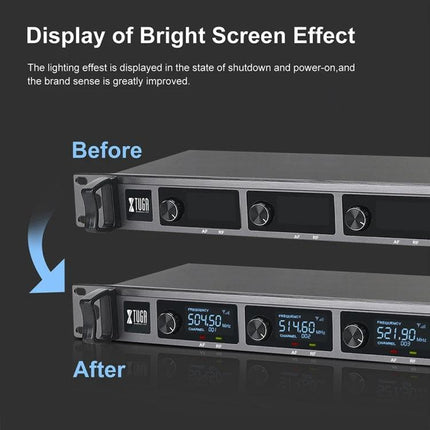 Keep your voice clear during daily events with XTUGA Microphone - XTUGA UHF wireless mic display showing bright screen effect before and after