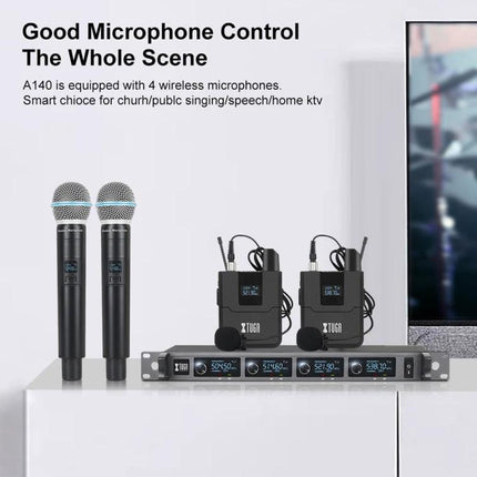 Keep your voice clear during daily events with XTUGA Microphone shown with two handheld mics and two bodypack transmitters on a receiver rack