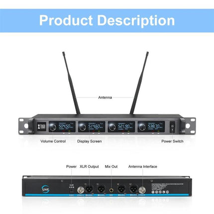 Keep your voice clear during daily events with XTUGA Microphone UHF wireless system rack unit with antennas and labeled controls