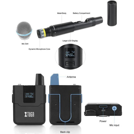 Keep your voice clear during daily events with XTUGA Microphone wireless UHF system showing handheld mic, receiver, LCD display, and clip-on unit