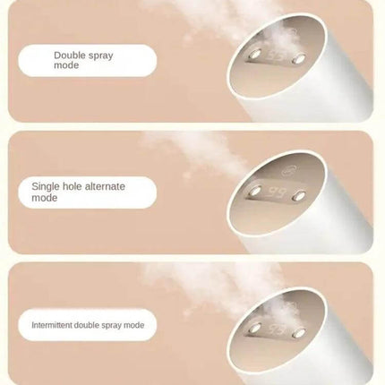 Multi-Mode Wireless Double Jet Humidifier 450ml Capacity showing double, single and intermittent spray modes with rotatable dual-jet nozzle and mist output