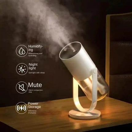 Multi-Mode Wireless Double Jet Humidifier 450ml Capacity on nightstand showing dual-jet mist, night light, mute mode and portable USB-C battery operation
