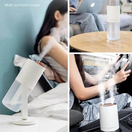 Multi-Mode Wireless Double Jet Humidifier 450ml Capacity on nightstand, desk and car showing cordless dual-jet mist and USB-C portable use