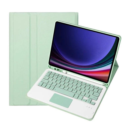 Leather Bluetooth Keyboard Case for Samsung Galaxy Tab S9 with Pen Holder shown in mint green with detachable keyboard and pen slot