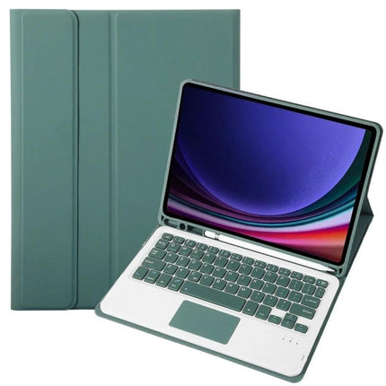 Leather Bluetooth Keyboard Case for Samsung Galaxy Tab S9 with Pen Holder in green showing keyboard, trackpad and pen slot, protective folio stand