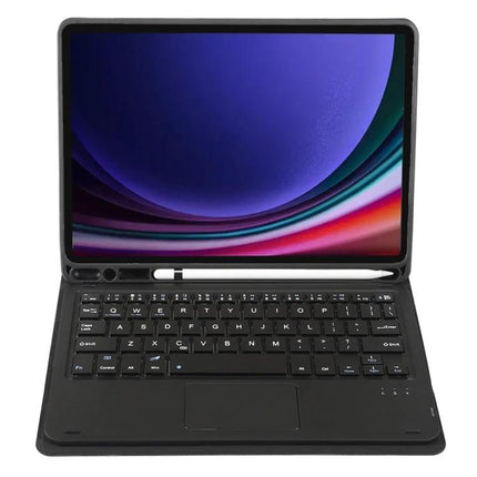 Leather Bluetooth Keyboard Case for Samsung Galaxy Tab S9 with Pen Holder showing keyboard, trackpad and pen in holder