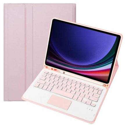Leather Bluetooth Keyboard Case for Samsung Galaxy Tab S9 with Pen Holder in pink, protective folio with wireless keyboard and pen slot