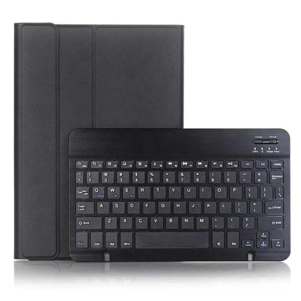 Protective Leather Bluetooth Keyboard Case with Pen Holder for Samsung Galaxy Tab S9 shown in black with detachable Bluetooth keyboard and pen slot