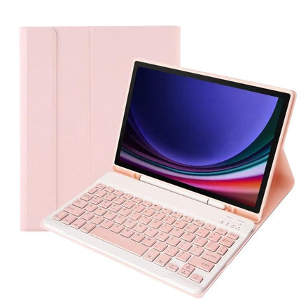 Protective Leather Bluetooth Keyboard Case with Pen Holder for Samsung Galaxy Tab S9 in pink showing keyboard, folio stand and pen holder