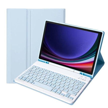 Protective Leather Bluetooth Keyboard Case with Pen Holder for Samsung Galaxy Tab S9 in light blue showing keyboard and stand