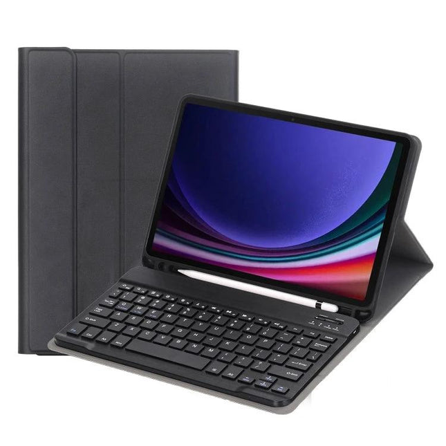 Protective Leather Bluetooth Keyboard Case with Pen Holder for Samsung Galaxy Tab S9 shown in black with keyboard and stylus