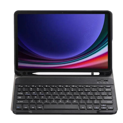 Protective Leather Bluetooth Keyboard Case with Pen Holder for Samsung Galaxy Tab S9 - black folio keyboard case with stylus slot